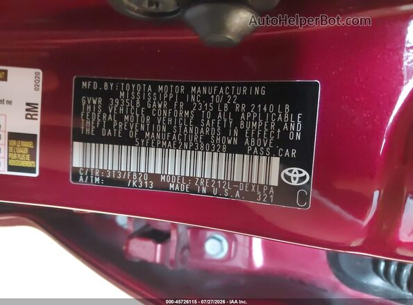 5YFEPMAE2NP380328 2022 TOYOTA COROLLA Burgundy ძრავის განყოფილების ხედი