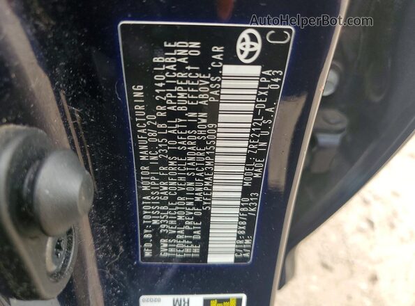 5YFEPMAE3MP155009 2021 TOYOTA COROLLA Blue VIN sticker view