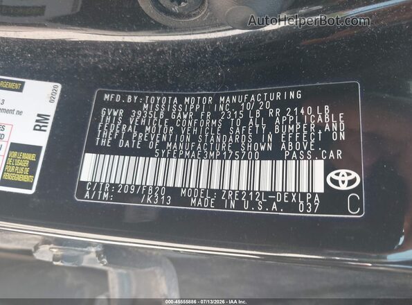 5YFEPMAE3MP175700 2021 TOYOTA COROLLA Black Вид підкапотного простору
