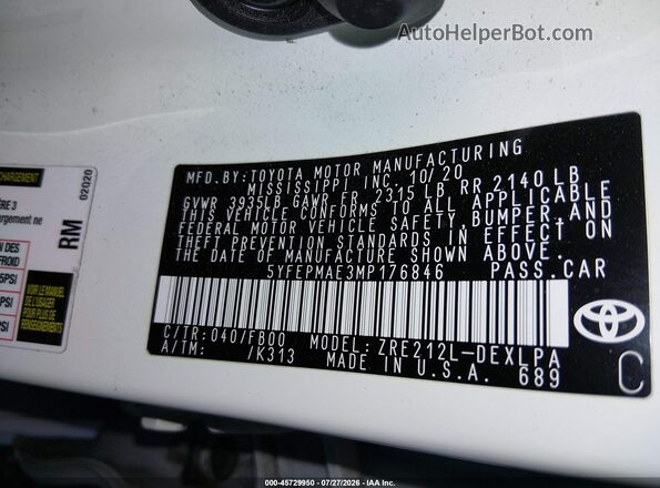 5YFEPMAE3MP176846 2021 TOYOTA COROLLA White Vista del compartimento del motor