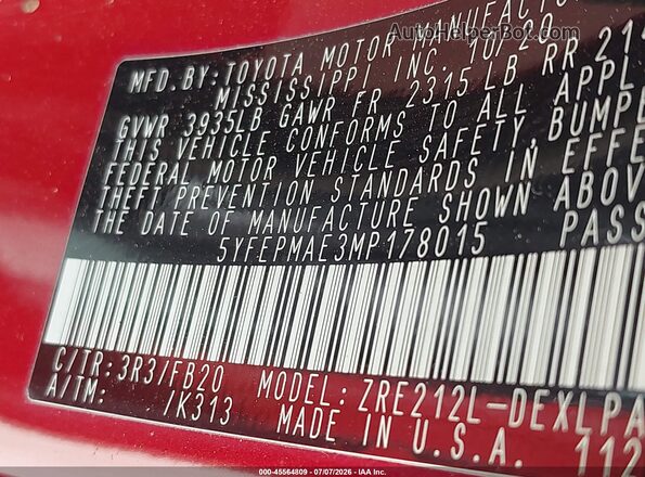 5YFEPMAE3MP178015 2021 TOYOTA COROLLA Красный Вид подкапотного пространства