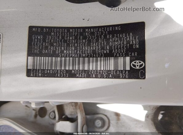 5YFEPMAE3MP214673 2021 TOYOTA COROLLA White Engine compartment view