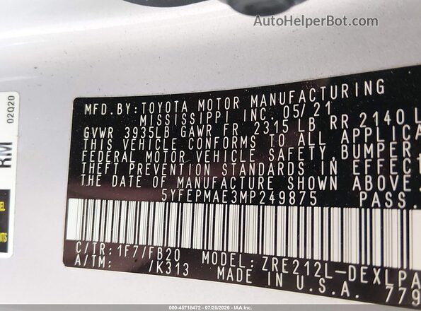 5YFEPMAE3MP249875 2021 TOYOTA COROLLA Silver Engine compartment view