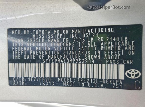 5YFEPMAE3MP253909 2021 TOYOTA COROLLA Silver Widok komory silnika