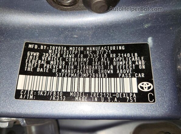 5YFEPMAE3MP269883 2021 TOYOTA COROLLA Blue Vista del compartimento del motor