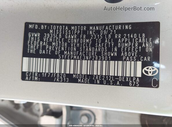 5YFEPMAE3NP283901 2022 TOYOTA COROLLA Серебряный Вид подкапотного пространства