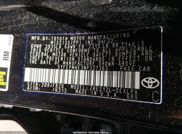 5YFEPMAE3NP327363 2022 TOYOTA COROLLA Black Շարժիչի բաժամունքի տեսք