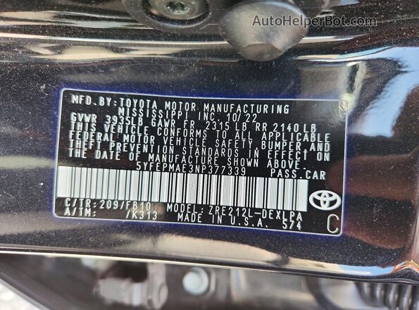 5YFEPMAE3NP377339 2022 TOYOTA COROLLA Black ძრავის განყოფილების ხედი