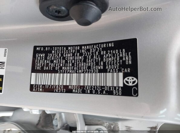 5YFEPMAE4MP222930 2021 TOYOTA COROLLA Серебряный Вид подкапотного пространства