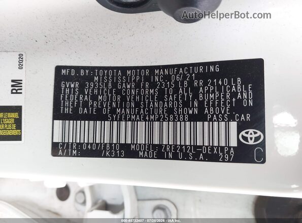 5YFEPMAE4MP258388 2021 TOYOTA COROLLA White Vista del compartimento del motor