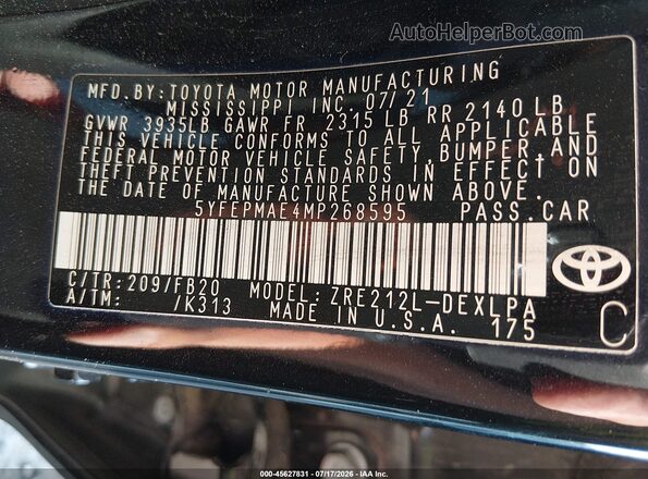 5YFEPMAE4MP268595 2021 TOYOTA COROLLA Black Շարժիչի բաժամունքի տեսք