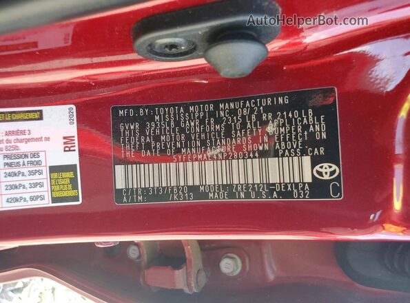 5YFEPMAE4NP280344 2022 TOYOTA COROLLA Burgundy Widok komory silnika