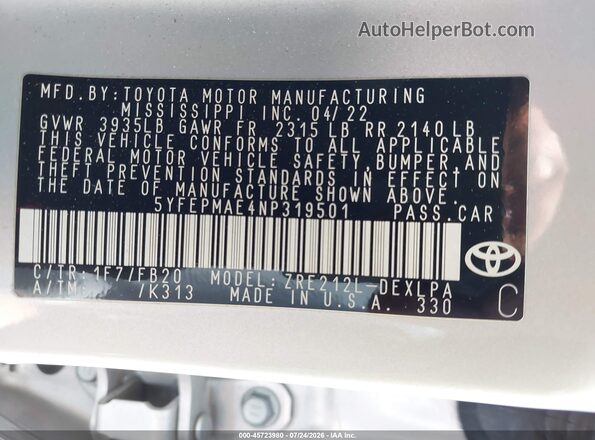 5YFEPMAE4NP319501 2022 TOYOTA COROLLA Серебряный Вид подкапотного пространства