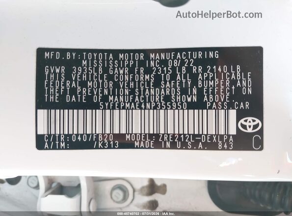 5YFEPMAE4NP355950 2022 TOYOTA COROLLA Белый Вид подкапотного пространства