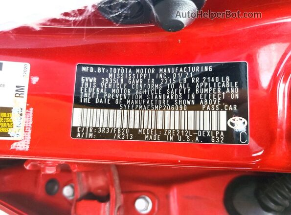 5YFEPMAE5MP206090 2021 TOYOTA COROLLA Red VIN sticker view