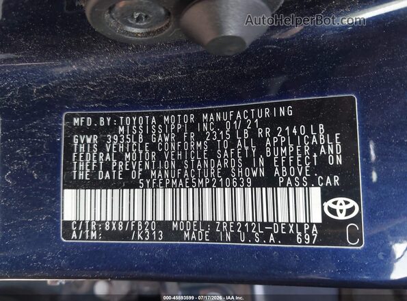5YFEPMAE5MP210639 2021 TOYOTA COROLLA Dark Blue Вид подкапотного пространства