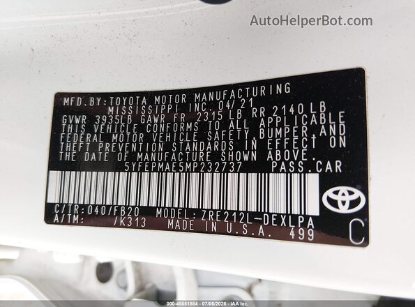 5YFEPMAE5MP232737 2021 TOYOTA COROLLA White Շարժիչի բաժամունքի տեսք