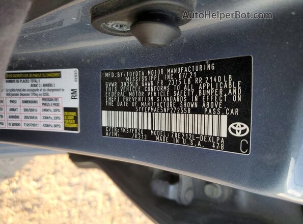 5YFEPMAE5NP272558 2022 TOYOTA COROLLA Серый Вид подкапотного пространства