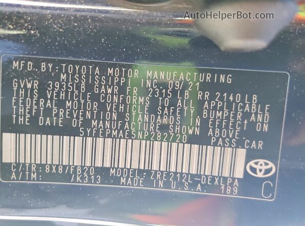 5YFEPMAE5NP282720 2022 TOYOTA COROLLA Blue Widok komory silnika