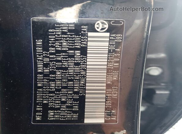 5YFEPMAE5NP382557 2022 TOYOTA COROLLA Black Вид наклейки з VIN-кодом