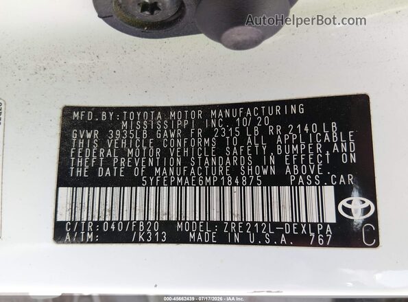 5YFEPMAE6MP184875 2021 TOYOTA COROLLA White Engine compartment view