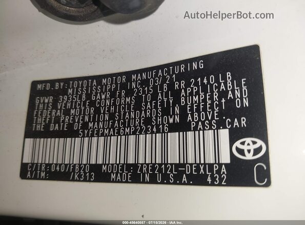 5YFEPMAE6MP223416 2021 TOYOTA COROLLA White Engine compartment view