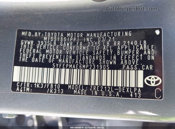 5YFEPMAE6MP231905 2021 TOYOTA COROLLA Blue Շարժիչի բաժամունքի տեսք