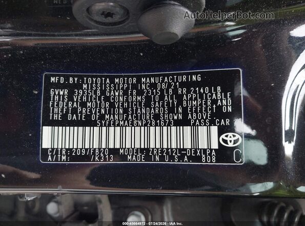5YFEPMAE6NP281673 2022 TOYOTA COROLLA Black Շարժիչի բաժամունքի տեսք