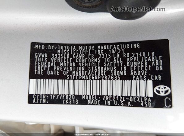 5YFEPMAE6NP287635 2022 TOYOTA COROLLA Silver Engine compartment view