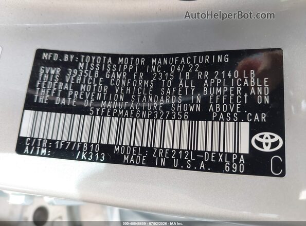 5YFEPMAE6NP327356 2022 TOYOTA COROLLA Silver Vista del compartimento del motor