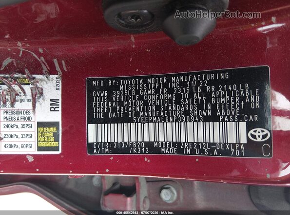 5YFEPMAE6NP390943 2022 TOYOTA COROLLA Red ძრავის განყოფილების ხედი