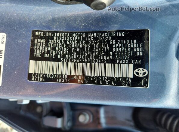 5YFEPMAE7MP163419 2021 TOYOTA COROLLA Blue Вид підкапотного простору