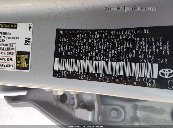 5YFEPMAE7MP171844 2021 TOYOTA COROLLA Silver Вид підкапотного простору