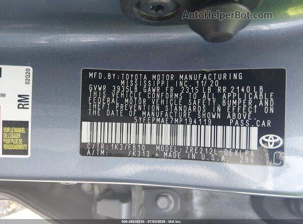 5YFEPMAE7MP194119 2021 TOYOTA COROLLA Blue Engine compartment view