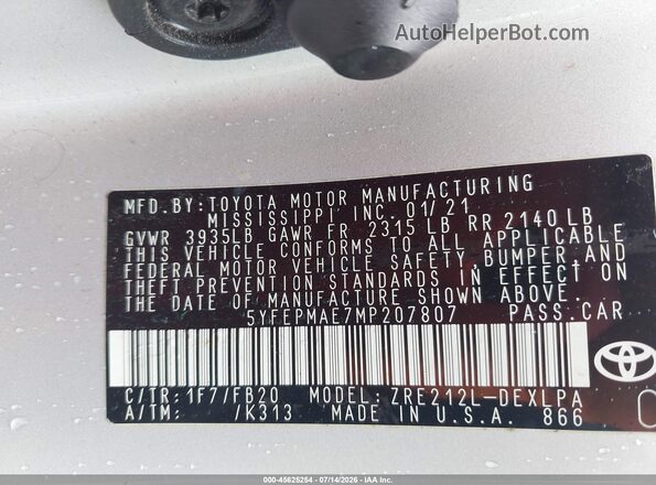 5YFEPMAE7MP207807 2021 TOYOTA COROLLA Silver Вид підкапотного простору