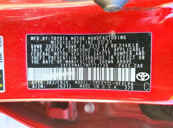 5YFEPMAE7MP221738 2021 TOYOTA COROLLA Red Vista del compartimento del motor
