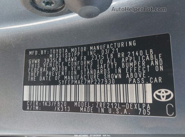 5YFEPMAE7MP227930 2021 TOYOTA COROLLA Gray Vista del compartimento del motor