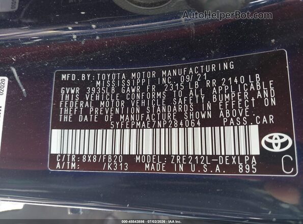 5YFEPMAE7NP284064 2022 TOYOTA COROLLA Blue Շարժիչի բաժամունքի տեսք