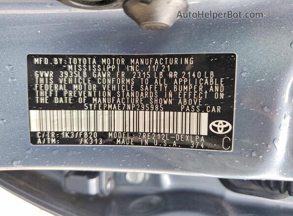 5YFEPMAE7NP295985 2022 TOYOTA COROLLA Blue Вид підкапотного простору