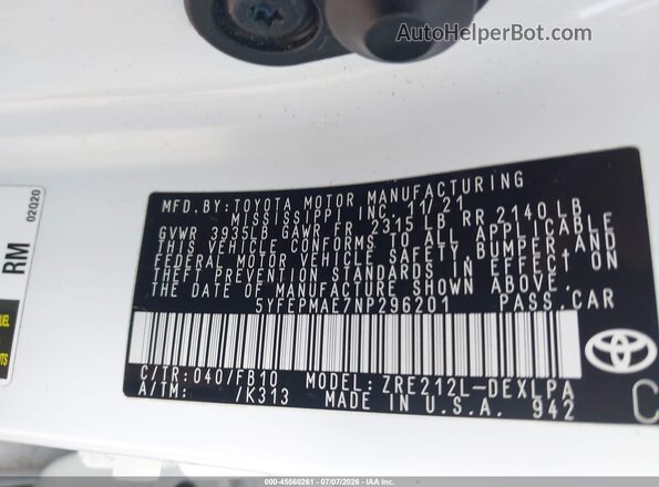 5YFEPMAE7NP296201 2022 TOYOTA COROLLA White Շարժիչի բաժամունքի տեսք