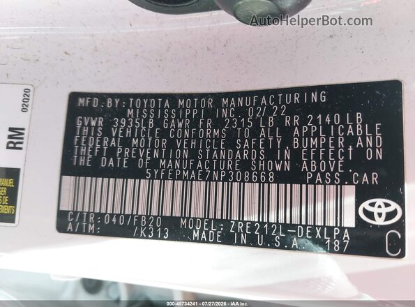 5YFEPMAE7NP308668 2022 TOYOTA COROLLA White Շարժիչի բաժամունքի տեսք