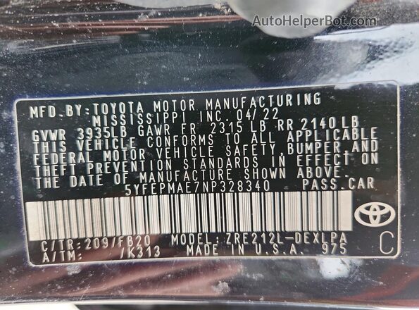 5YFEPMAE7NP328340 2022 TOYOTA COROLLA Черный Вид наклейки с VIN-кодом