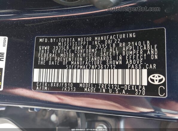 5YFEPMAE7NP361712 2022 TOYOTA COROLLA Blue Vista del compartimento del motor