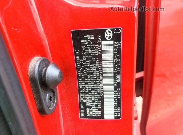 5YFEPMAE8MP198373 2021 TOYOTA COROLLA Red Vista de la etiqueta del VIN
