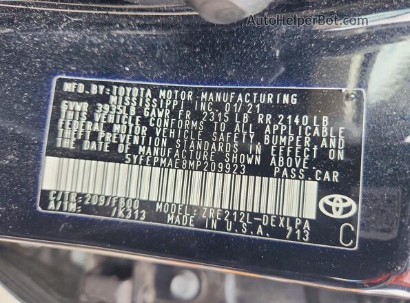 5YFEPMAE8MP209923 2021 TOYOTA COROLLA Black Vista del compartimento del motor
