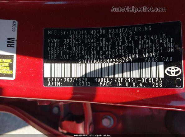 5YFEPMAE8MP256790 2021 TOYOTA COROLLA Red Շարժիչի բաժամունքի տեսք