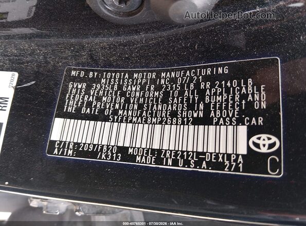5YFEPMAE8MP268812 2021 TOYOTA COROLLA Черный Вид подкапотного пространства
