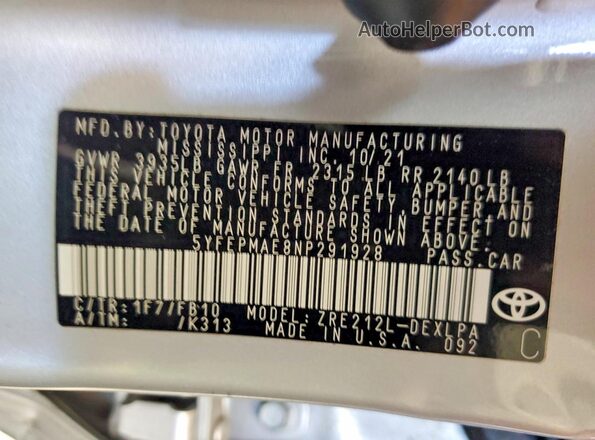 5YFEPMAE8NP291928 2022 TOYOTA COROLLA Silver Vista del compartimento del motor