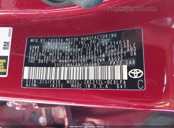 5YFEPMAE8NP342683 2022 TOYOTA COROLLA Red Շարժիչի բաժամունքի տեսք