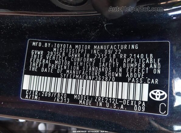 5YFEPMAE8NP362870 2022 TOYOTA COROLLA Black Engine compartment view